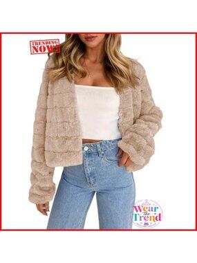 Cropped Faux Fur Jacket Long Sleeve Open Front Fluffy Short Coat
